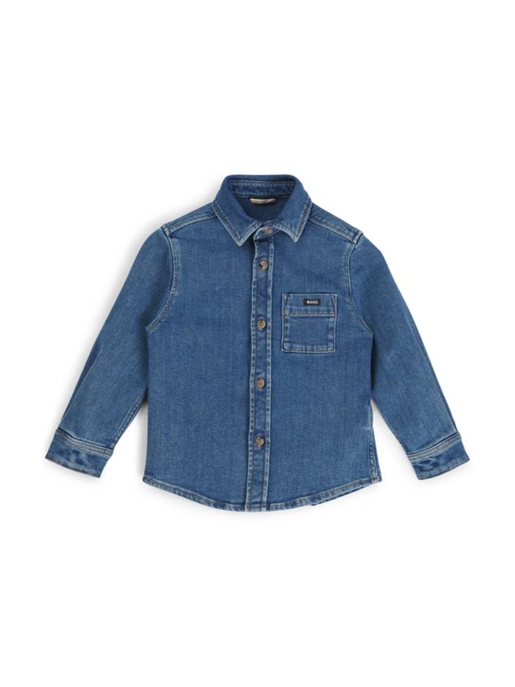 Artikel klicken und genauer betrachten! - Charakteristisches BOSS Hemd für Kinder. Der Style aus elastischem Baumwoll-Denim ist mit einem Logo-Label auf der Brusttasche versehen. | im Online Shop kaufen