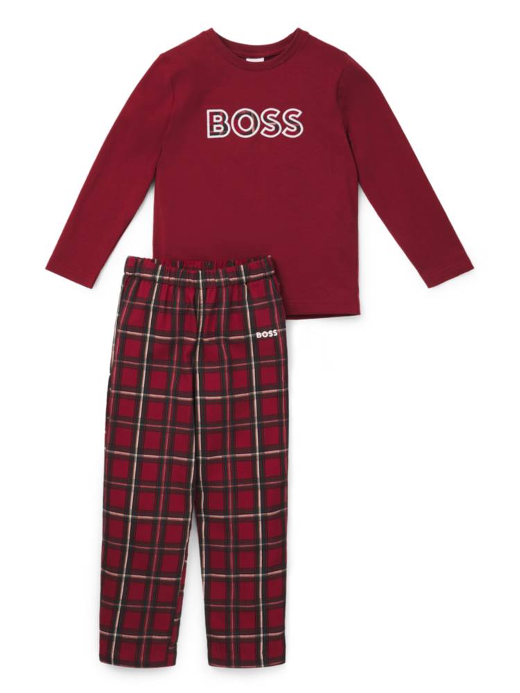 Artikel klicken und genauer betrachten! - Bequemer BOSS Pyjama für Kinder. Das Set besteht aus einer karierten Hose und einem Kurzarm-Top mit Logo-Print. Beide Styles sind aus reiner Baumwolle gefertigt. | im Online Shop kaufen