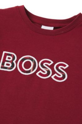 키즈 로고 및 체크 패턴 코튼 파자마, 다크 레드