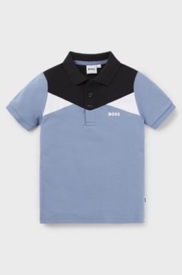 Polo per bambini in piqu&eacute; di cotone elasticizzato a blocchi di colore, Blu