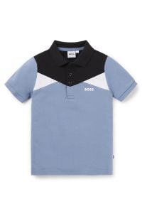 Polo per bambini in piqu&eacute; di cotone elasticizzato a blocchi di colore, Blu
