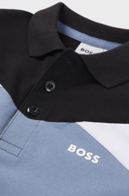 Kids' colour-block polo shirt in stretch-cotton piqu&eacute;, Blue