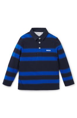 Kids' long-sleeved polo shirt with stripes and logo, Dark Blue