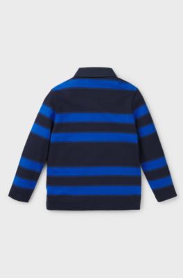 Kids' long-sleeved polo shirt with stripes and logo, Dark Blue
