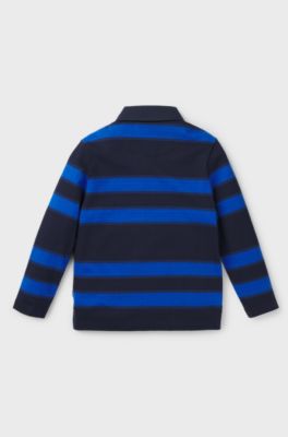 Kids' long-sleeved polo shirt with stripes and logo, Dark Blue