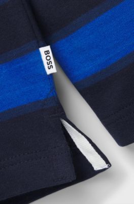 Kids' long-sleeved polo shirt with stripes and logo, Dark Blue