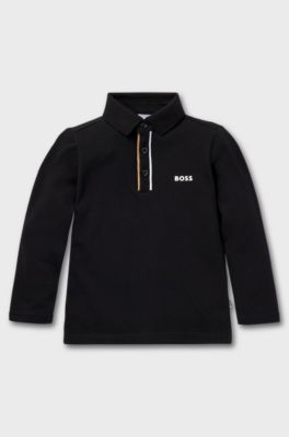 Kids' long-sleeved polo shirt with striped placket, Black
