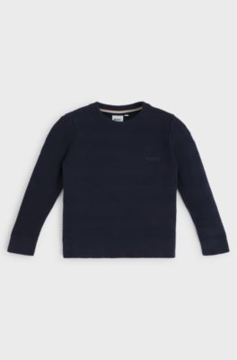 Pull en coton &agrave; motif jacquard surpiqu&eacute; pour enfant, Bleu fonc&eacute;