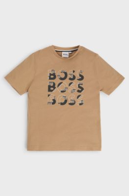 Kids' T-shirt in cotton with triple-logo print, Brown