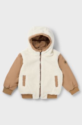 Kids' reversible hooded jacket in twill and sherpa fleece, Brown