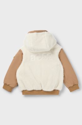 Kids' reversible hooded jacket in twill and sherpa fleece, Brown