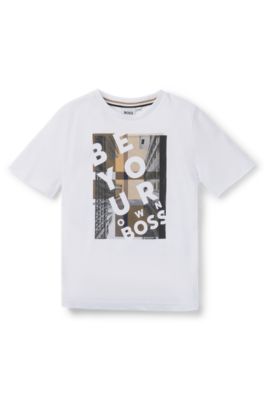 Kids' regular-fit T-shirt in cotton with slogan artwork, White