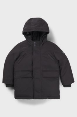 Kids' hooded parka jacket with logo badge, Black