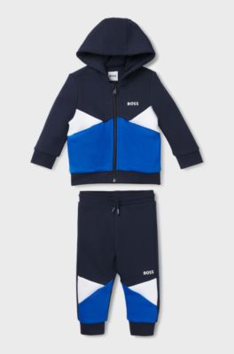 Tracksuit til b&oslash;rn med logoprint og colour blocking, M&oslash;rkebl&aring;