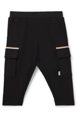 Kids' cargo trousers in stretch piqu&eacute; with logo label, Black