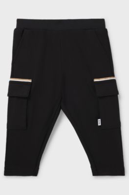 Pantaloni cargo per bambini in piqu&eacute; elasticizzato con etichetta con logo, Nero