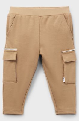 Pantaloni cargo per bambini in piqu&eacute; elasticizzato con etichetta con logo, Marrone