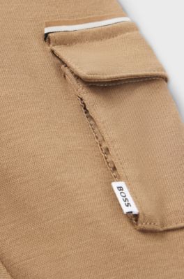 Pantaloni cargo per bambini in piqu&eacute; elasticizzato con etichetta con logo, Marrone