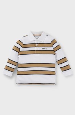 Polo a maniche lunghe per bambini con righe e logo, Bianco