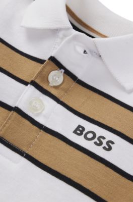 キッズ ロングスリーブ ポロシャツ ライン＆ロゴ, ホワイト