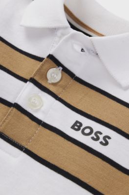 Polo a maniche lunghe per bambini con righe e logo, Bianco