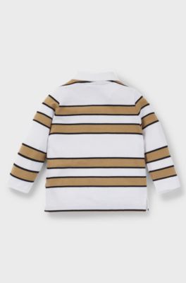 Kids' long-sleeved polo shirt with stripes and logo, White