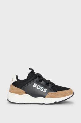 Sneakers per bambini in pelle e mesh con logo stampato, Nero