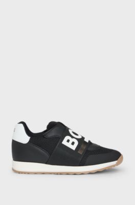 Kids' trainers in leather and mesh with logo elastic, Black