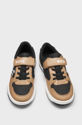 Kids' mixed-material trainers with leather and waxed canvas, Black