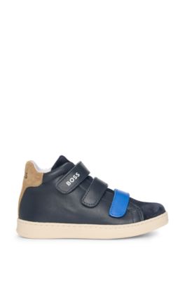 Kids' trainers in leather with branded touch-closure straps, Dark Blue