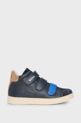 Kids' trainers in leather with branded touch-closure straps, Dark Blue