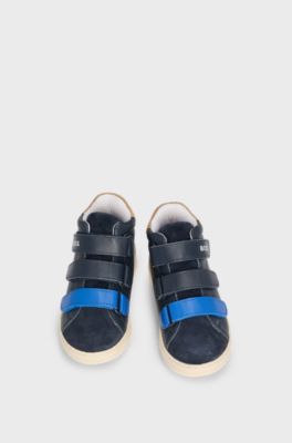 Kids' trainers in leather with branded touch-closure straps, Dark Blue