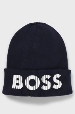 Kids' knitted-cotton beanie hat with rubber-effect logo, Dark Blue