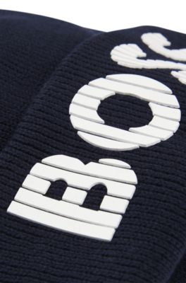 Kids' knitted-cotton beanie hat with rubber-effect logo, Dark Blue