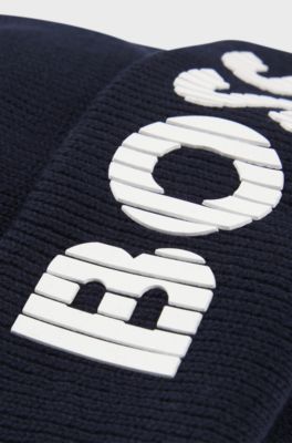 Kids' knitted-cotton beanie hat with rubber-effect logo, Dark Blue