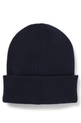Kids' knitted-cotton beanie hat with rubber-effect logo, Dark Blue
