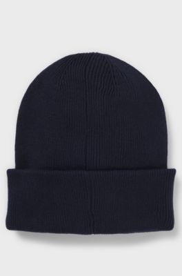 Kids' knitted-cotton beanie hat with rubber-effect logo, Dark Blue