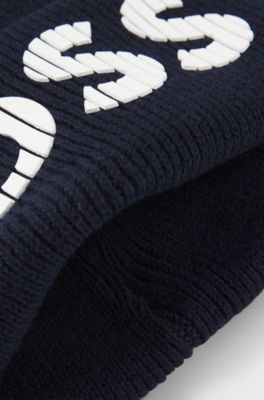 Kids' knitted-cotton beanie hat with rubber-effect logo, Dark Blue