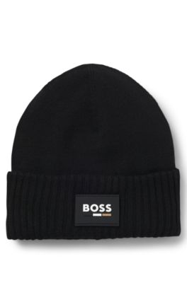HUGO BOSS｜BEANIES (Cotton beanie hat with logo label (5 BOSS - Kids' beanie hat with silicone logo label - Black