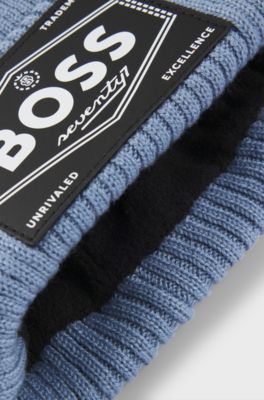 Berretto per bambini con fodera in pelliccia sintetica e targhetta con logo, Blu