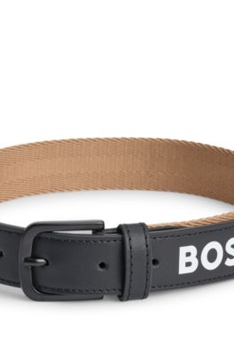 Kids' reversible belt in leather and textured fabric, Black
