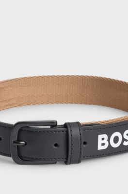 Kids' reversible belt in leather and textured fabric, Black