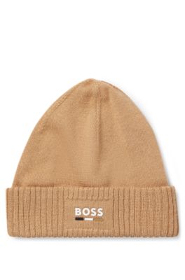 Kids' knitted beanie hat with rubber-effect logo, Brown