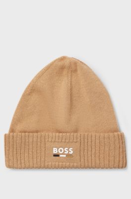 Kids-Strickm&uuml;tze mit gummiertem Logo, Braun