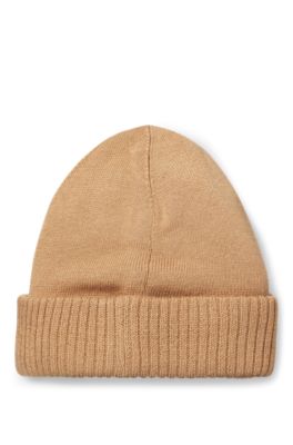 Kids' knitted beanie hat with rubber-effect logo, Brown