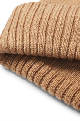 Kids' knitted beanie hat with rubber-effect logo, Brown