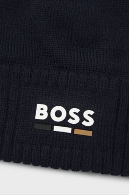 Kids' knitted beanie hat with rubber-effect logo, Dark Blue