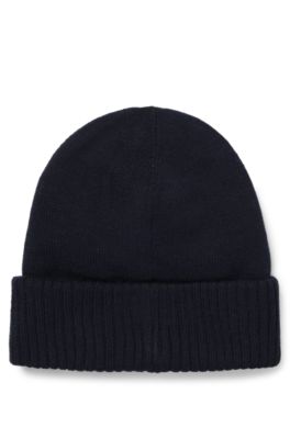 Kids' knitted beanie hat with rubber-effect logo, Dark Blue
