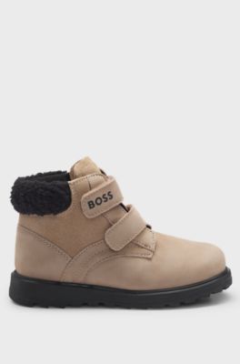 Kids' boots in leather with faux-shearling collar, Brown