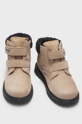 Kids' boots in leather with faux-shearling collar, Brown